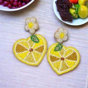 Lemon Heart Seed Bead Drop Hoop Earrings